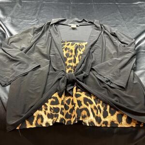 Mod'Land WOMENS Black & Cheetah Print Faux Cardigan Shirt Size 2X
